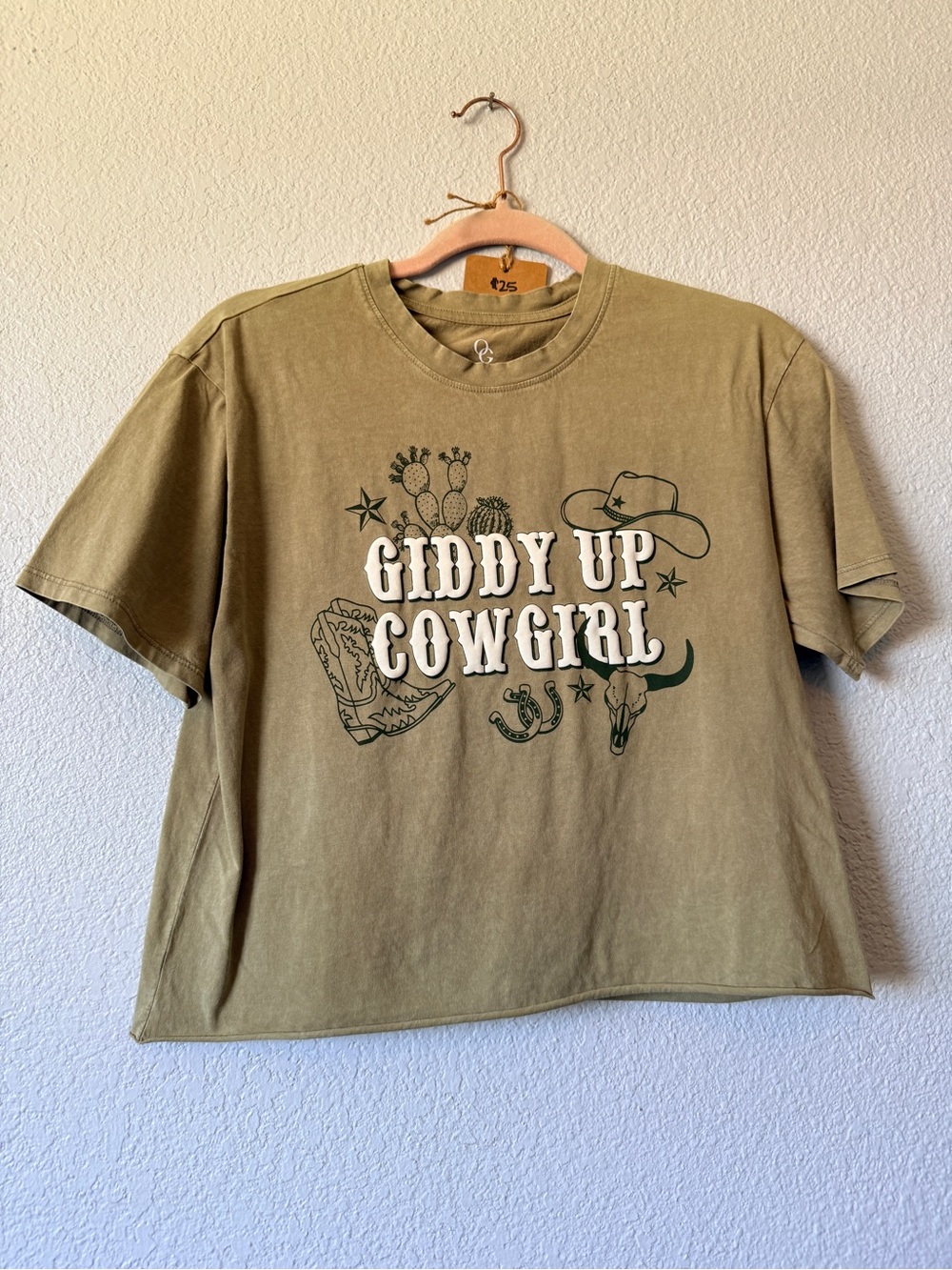 Giddy Up Cowgirl Graphic crop Tee - Olive green